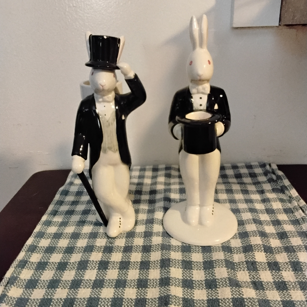 Vintage Pair Of Tip Top Tap Elegant Rabbit Figurine Set Candle Holders